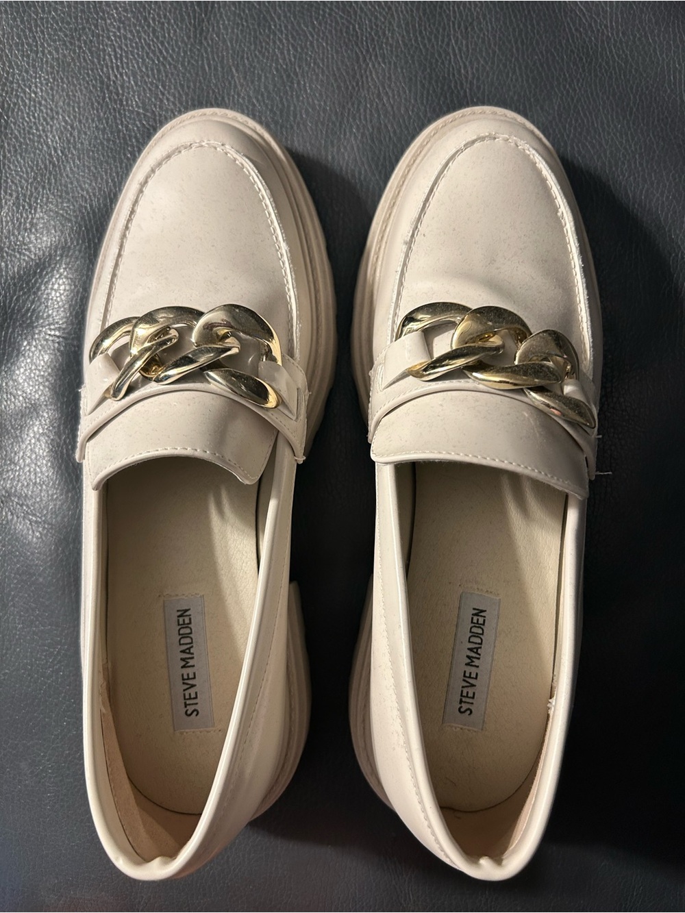 Steve Madden Cream Loafers with Oversized Gold Chain